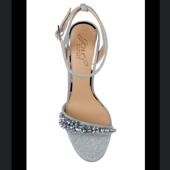 Jewel Badgley Mischka Silver Glitter Wedding Ankle Strap Dallyce Size 6.5 - Picture 2 of 6